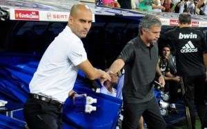 Pep Guardiola and Jose Mourinho have a frosty handshake.