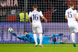 Hugo Lloris makes a save at the BayArena.