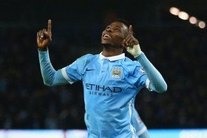 Kelechi Iheanacho celebrates scoring for Man City