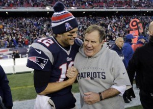 Pictured with Bill Belichick, Tom Brady is aiming for an historic fifth Super Bowl win.