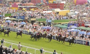 The scene as the horses reach the closing stages of the Epsom Derby.